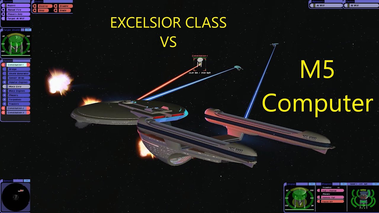 Excelsior Class VS M5 Computer 3 Constitution Class Ships Star Trek Bridge Commander Battle