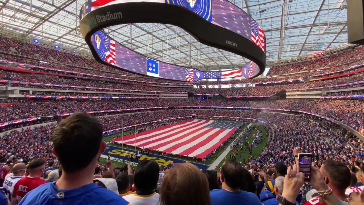 INSIDE SOFI STADIUM FOR THE NFC CHAMPIONSHIP ON 1/30/22–RAMS INTROS AND NATIONAL ANTHEM BY BRANDY