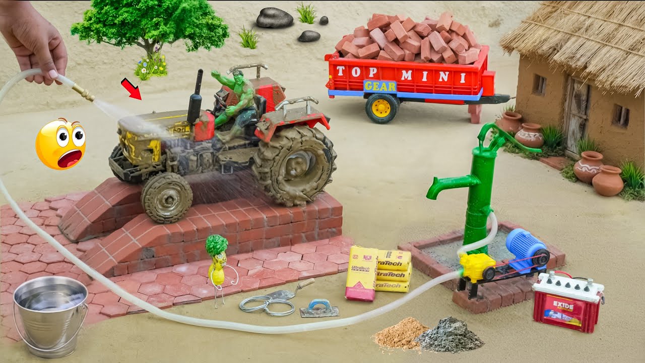DIY Mini Tractor Washing with Hand Pump | Using Bricks | Village Water Supply project | @topminigear
