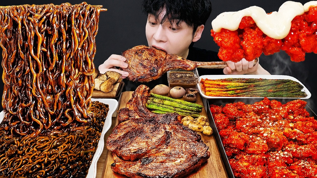 ASMR MUKBANG | Жареный цыпленок, стейк, лапша с черной фасолью, кимчи Корейская еда