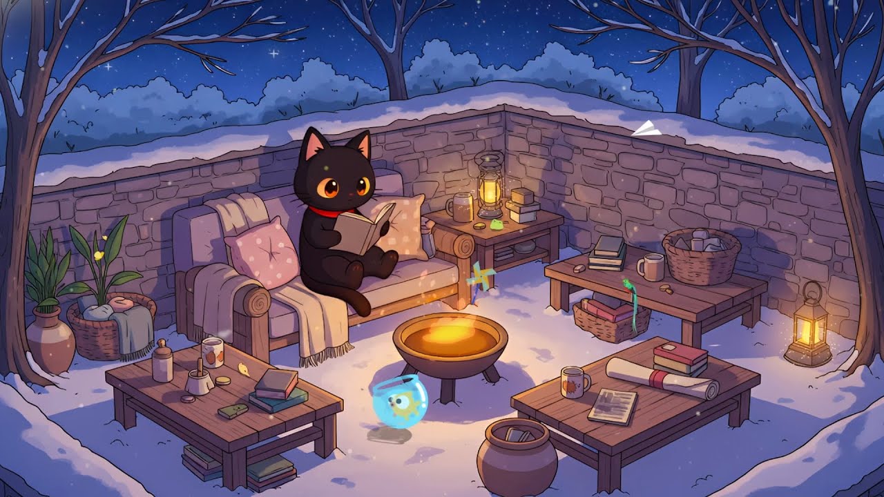 Reading by the Fire Pit Kitty Cat 🔥 Winter Garden Lofi 📚 Relaxing Music to Study & Focus