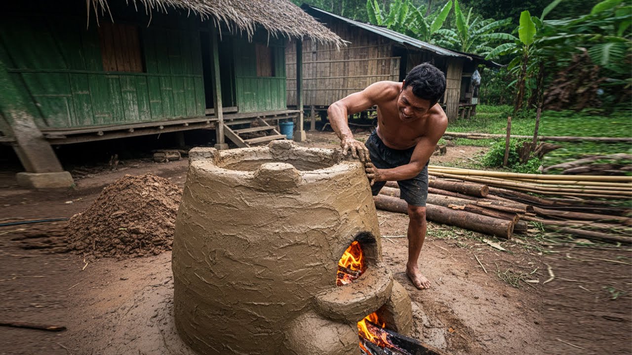Man Building a Clay Stove and Bushcraft Hut in the Yard | Manual Construction