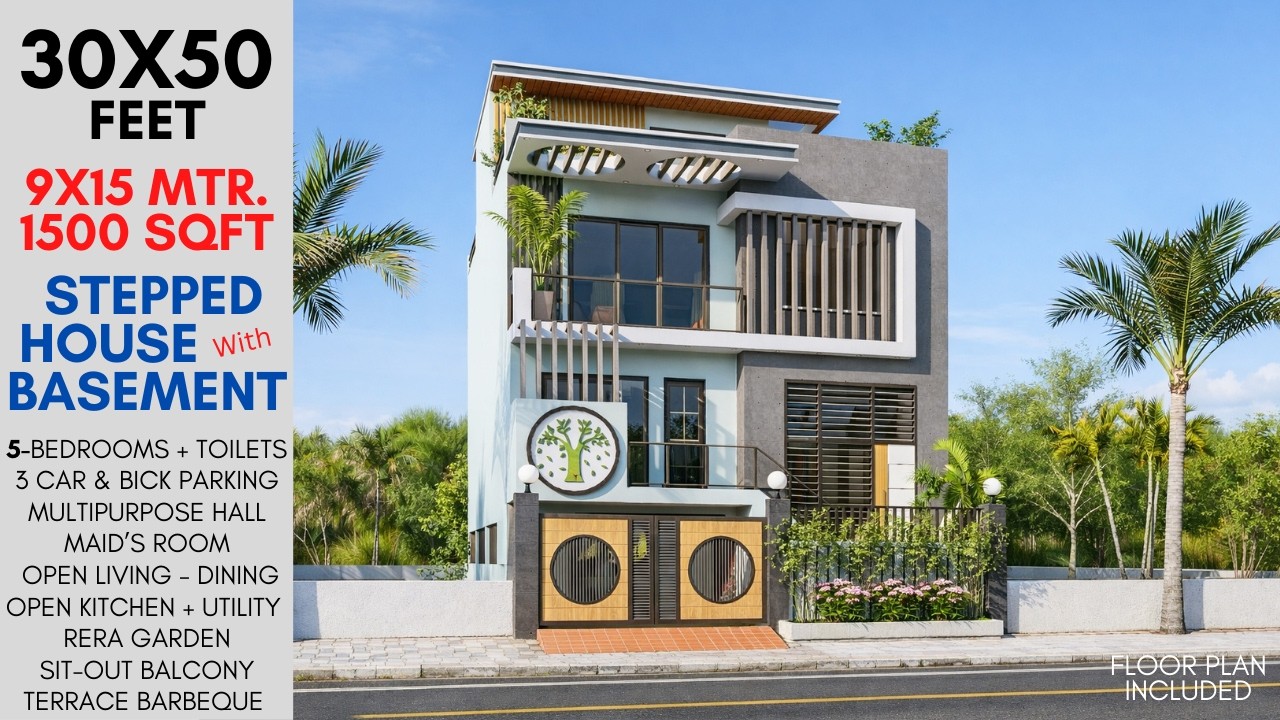 STEPPED MODERN HOUSE WITH BASEMENT PARKING – 5 BEDROOMS | FLOOR PLAN | 9×15 m LOT | ID-247
