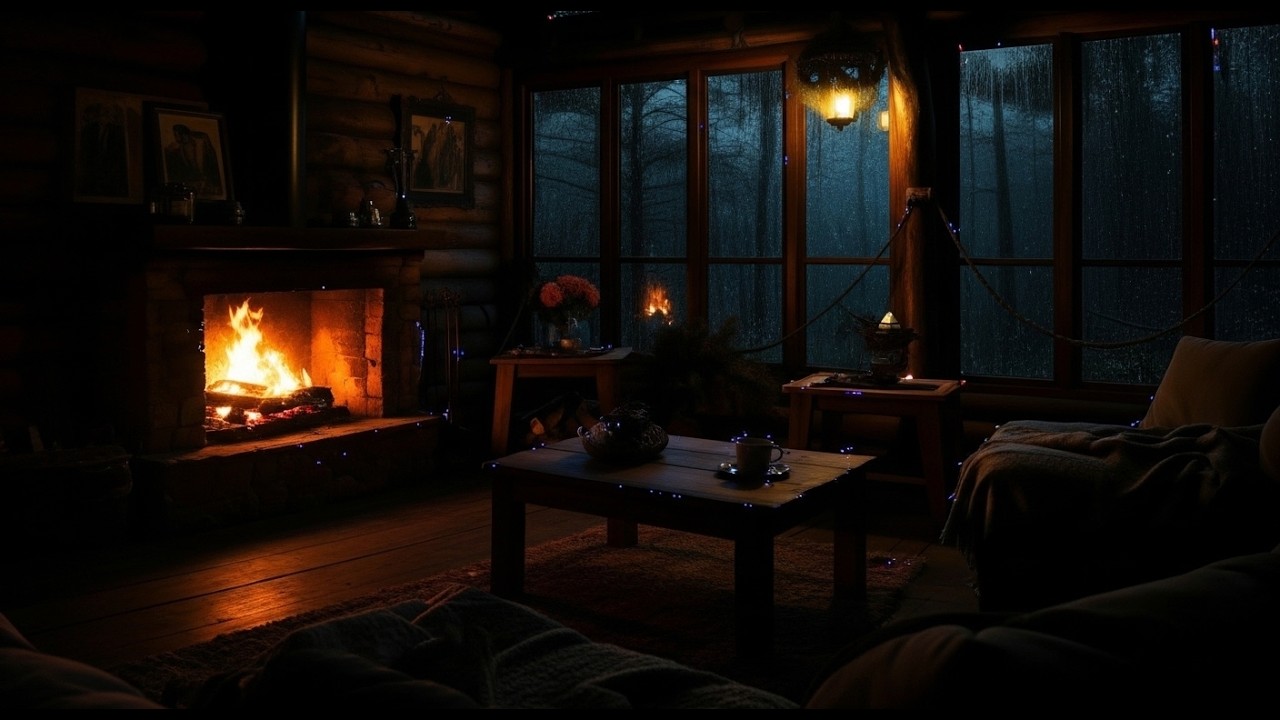 Rainy Night in a Cabin with Fireplace | Cozy Ambience for Relax and Beat Insomnia