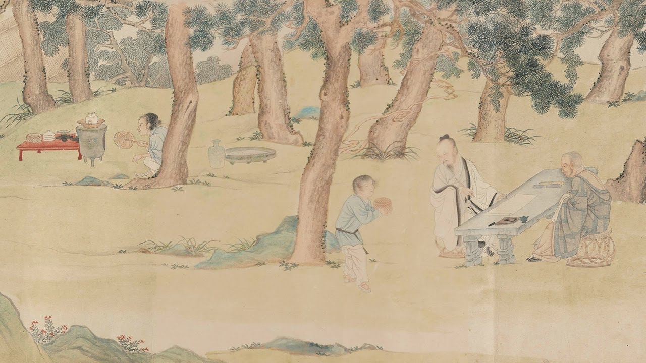 明 仇英 趙孟頫寫經換茶圖卷 - 用筆細潤，暈染淡秀，人物逼真