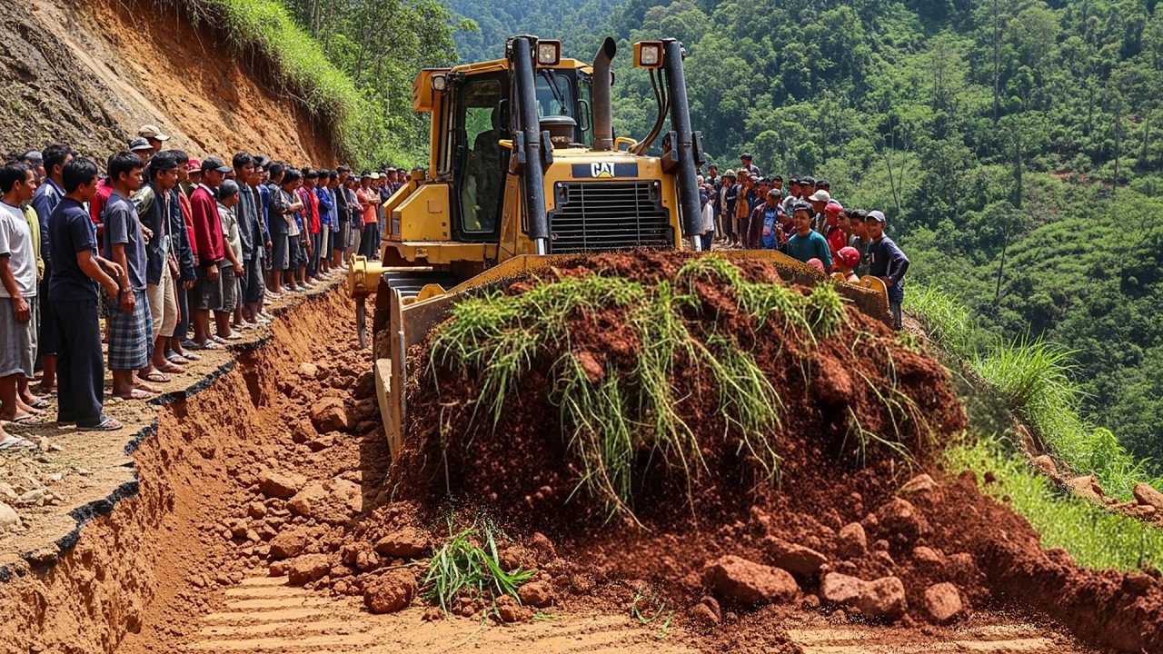Extremely Heavy Bulldozer Creating Mountain Road on Steep Cliffside Construction Site