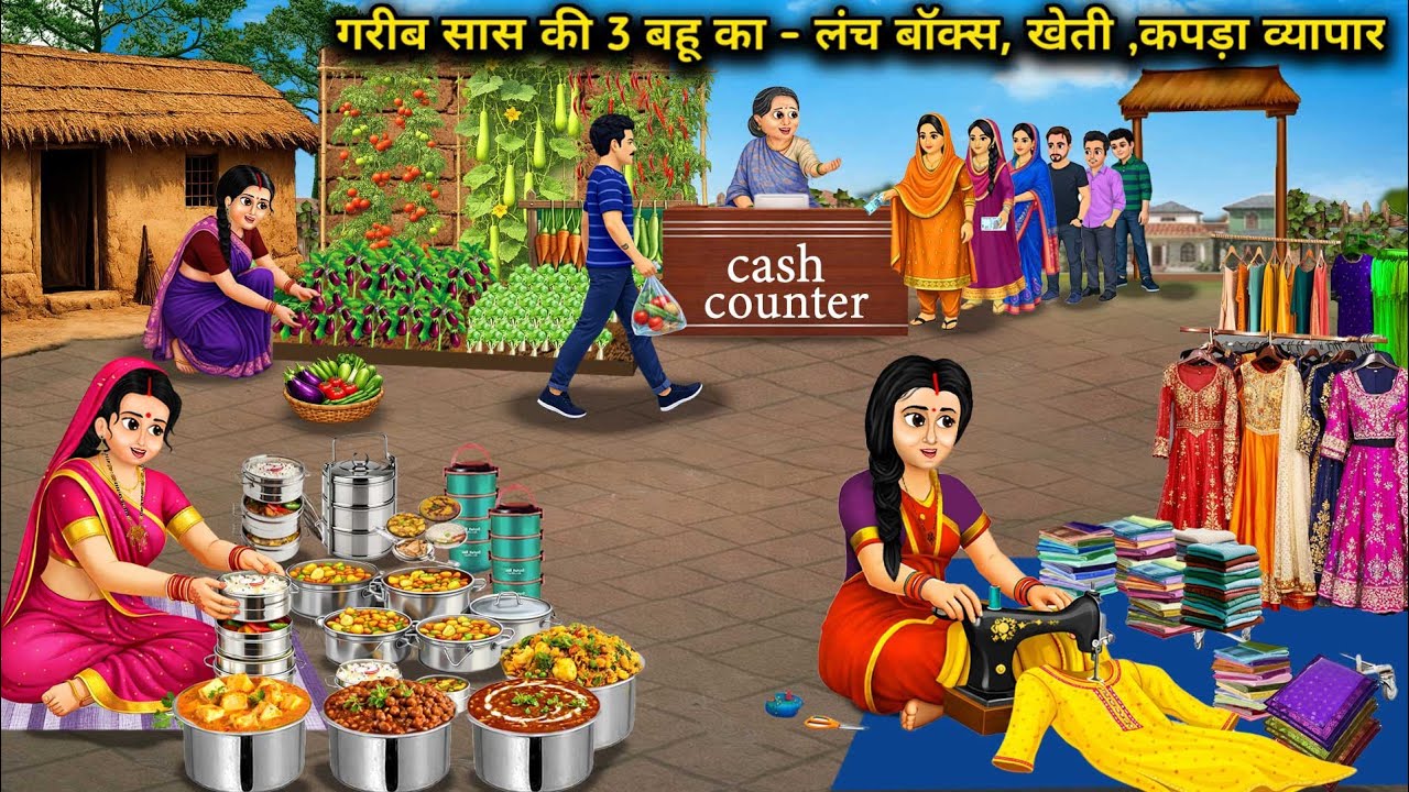 गरीब सास की 3 बहुओ का - लंच बॉक्स , खेती , कपड़ा व्यापार | Lunch box, farming | Cartoon Video