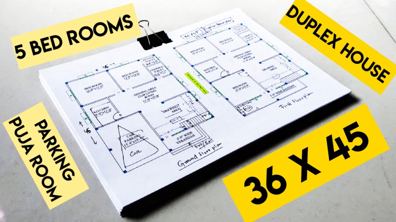36 x 45 duplex house plan design II 36 x 45 ghar ka naksha II 5 bhk house plan with car parking