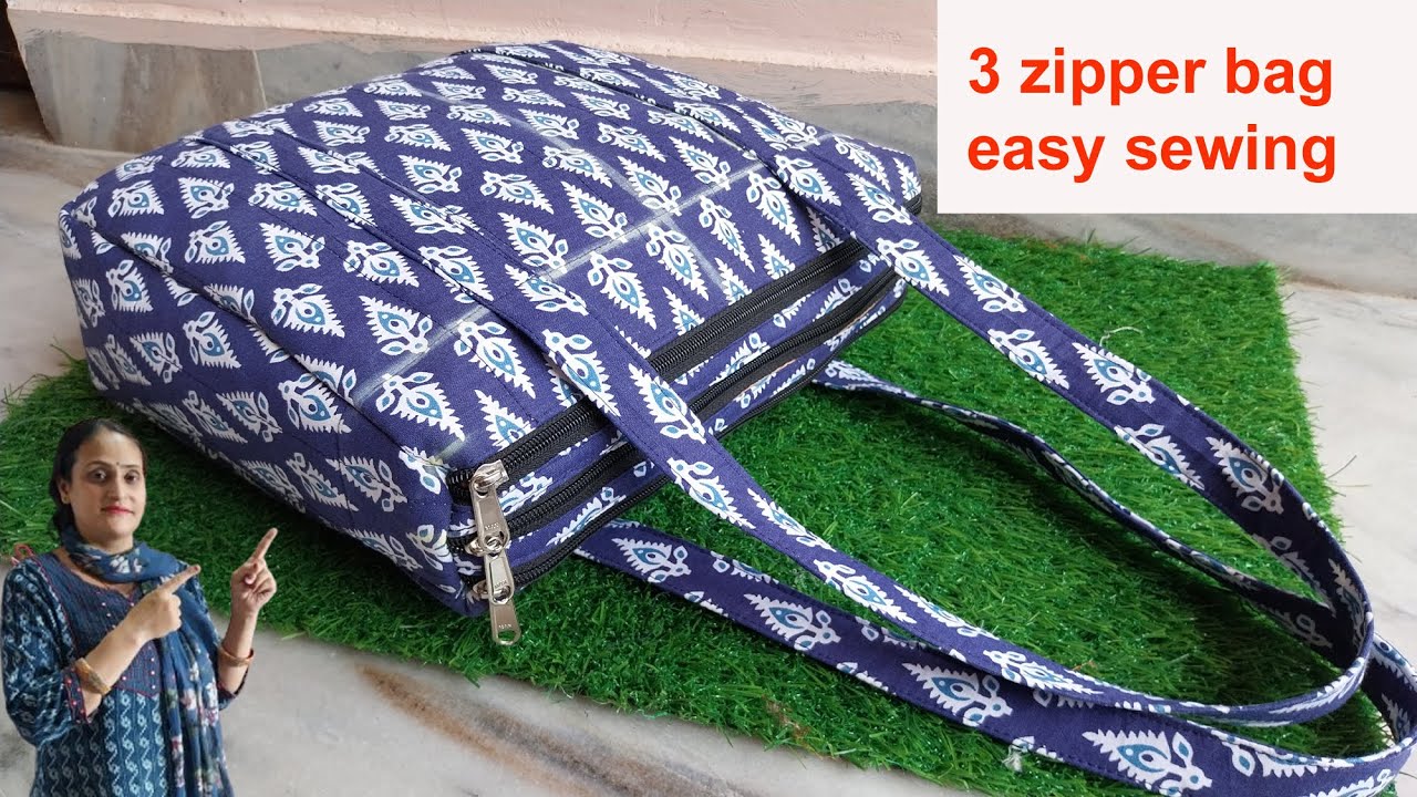 wow easy - 3 zipper bag cutting & stitching - bag making at home / diy tote bag making / sewing
