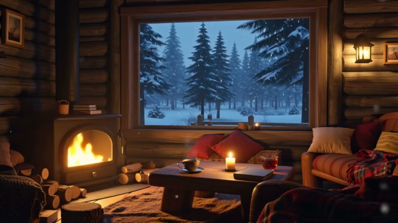 Cozy Forest Cabin Interior 🌲 Snowy Night & Fireplace Ambience