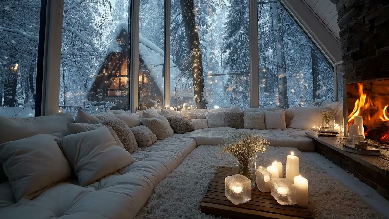 ❄️ Piano Fireplace Winter Ambience | Cozy Lounge for 3 Hours | Sleep Relax Meditation Focus Work
