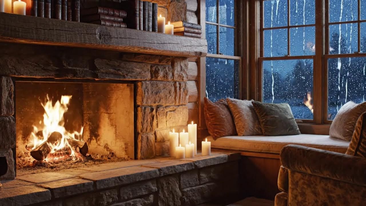 Live Warm Fireplace & Rain Ambience | ASMR for Stress Relief