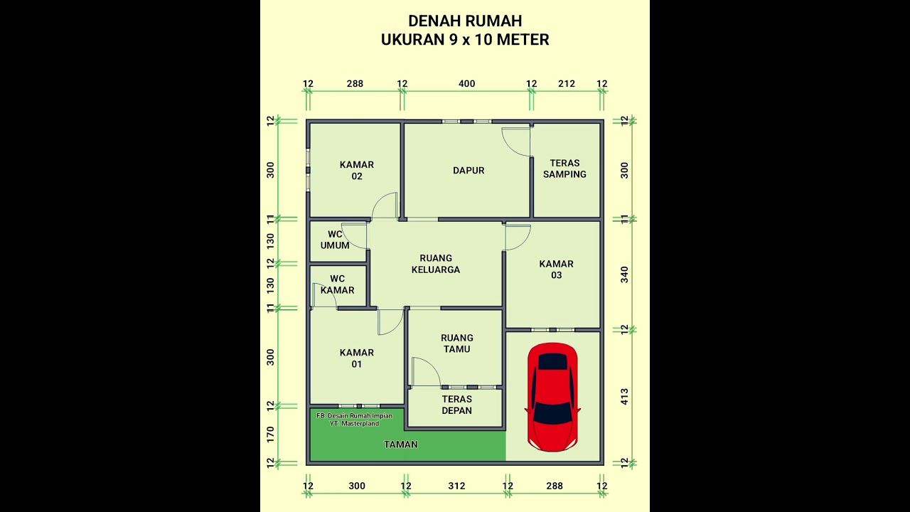 Denah Rumah 9 x 10 Meter Dengan 3 Kamar Tidur