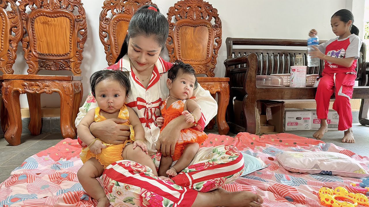 Baby Siv Hour and Siv Ing are so cute in yellow and red dress - Family food cooking