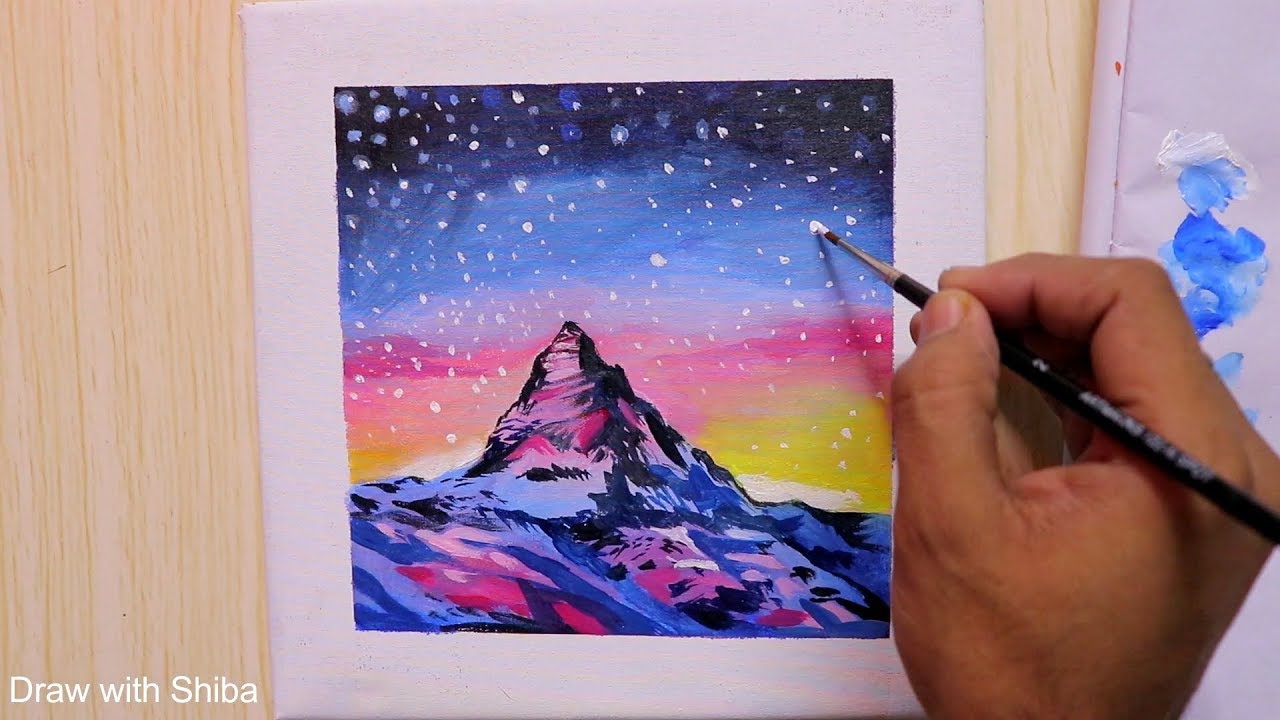 Beautiful night sky and mountain landscape Scenery Painting | Acrylic Painting Tutorial