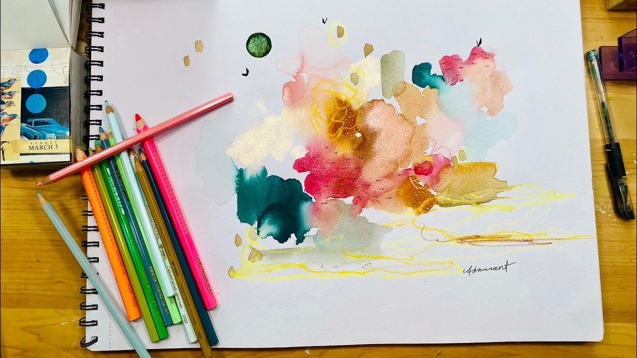 Watercolour backgrounds, acrylic painting and collage.