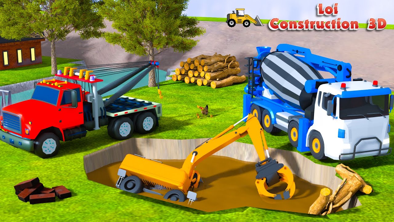 Log Handler sinks in mud pit - Crane, Cement Mixer rescue and build lake | 3D Construction Vehicles
