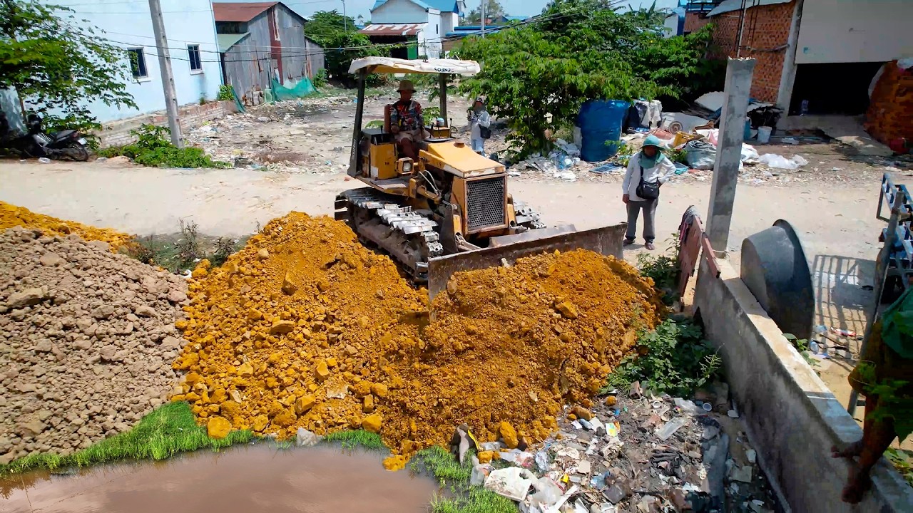 Wonderful New Project Mix! Landfill Delete Flooded Area Using Skill Dozer Pushing Soil with Trucks