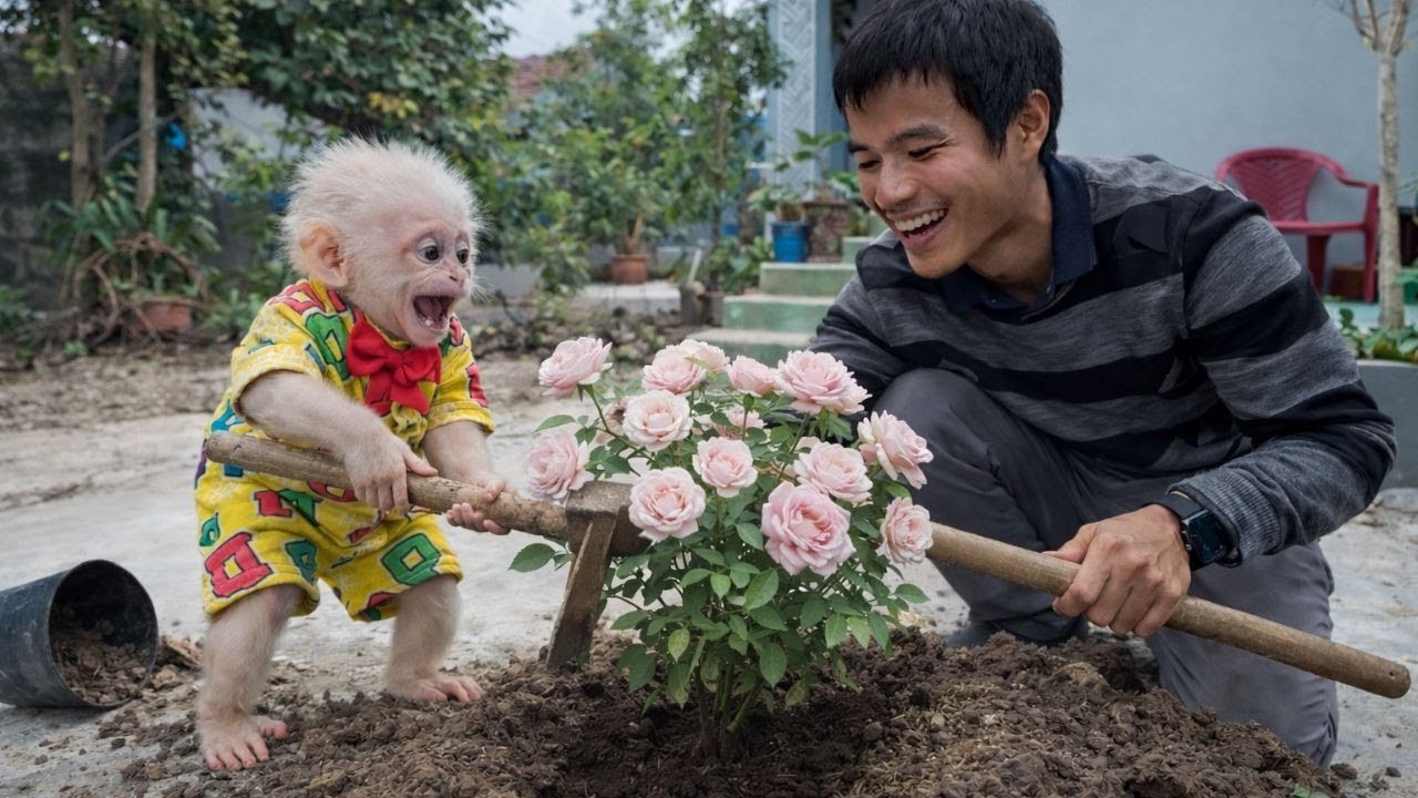 Baby Monkey Baba Excitedly Helps Dad Plant Flowers… But Is He Helping or Making a Mess?