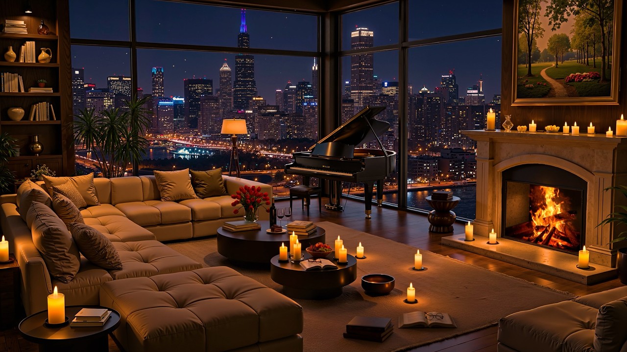 Cozy Apartment in Chicago 🌃 Smooth Jazz Saxophone & Fireplace Sounds for Relax, Focus, Study, Sleep
