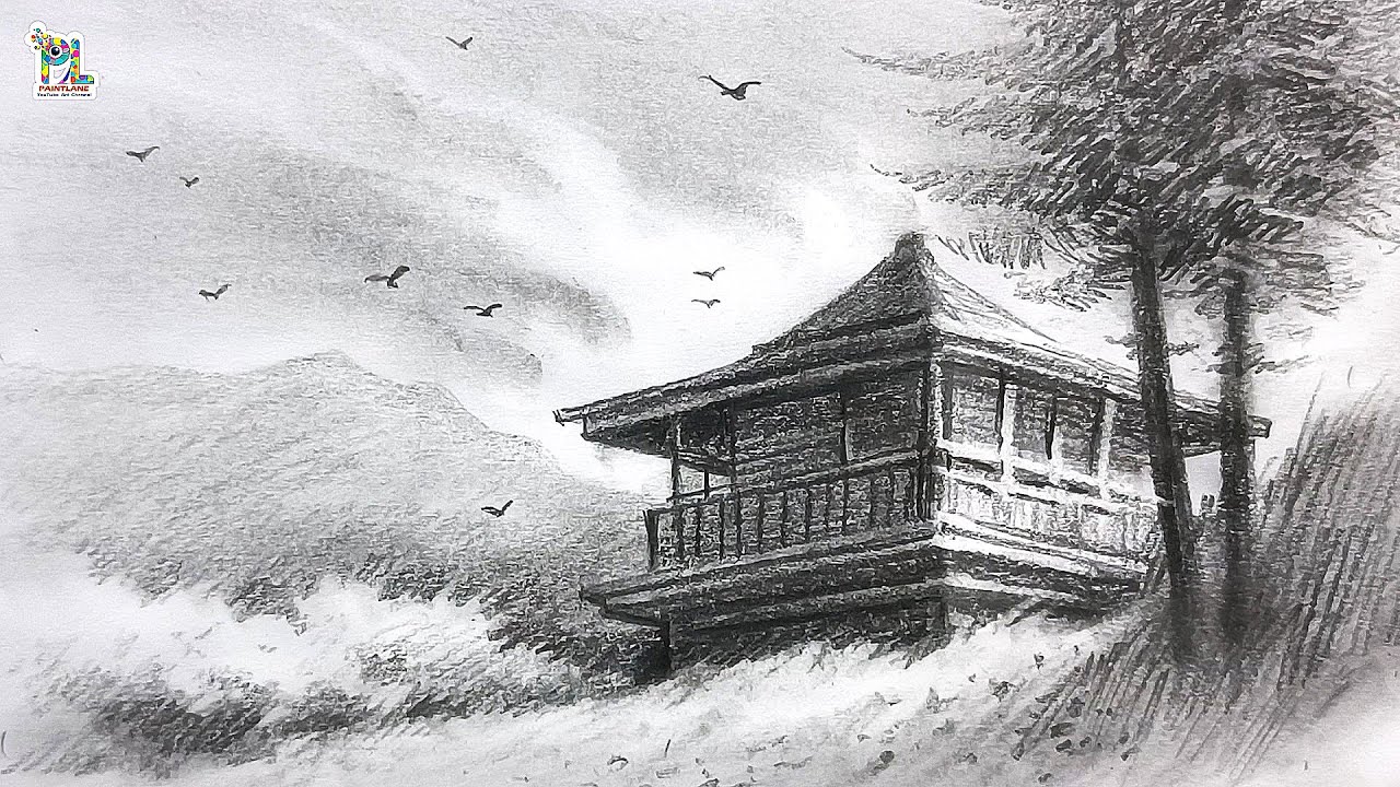 How to draw wooden house at Mountain Place || Pencil sketch and shading