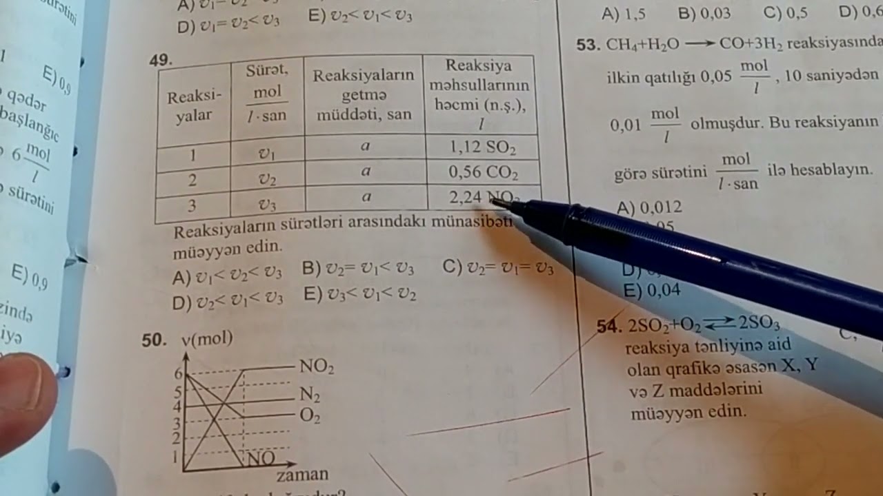 Reaksiya sürəti və hesablamalar test 42-62.DİM toplu 2019. Səh 144-146.(050-584-28-14)