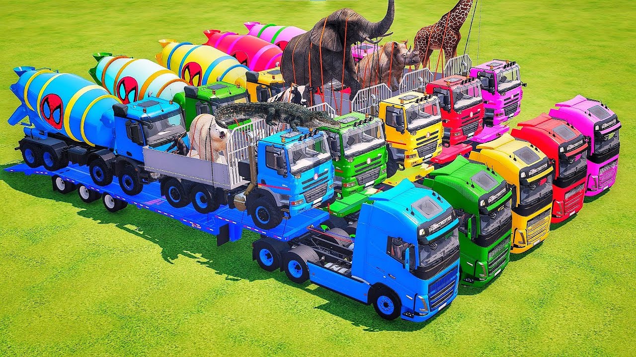 Garage with colors - ALL TRUCK WITH DOBLE FLATBED TRAILER TRUCK, VOLVO, DAF, INTERNATIONAL