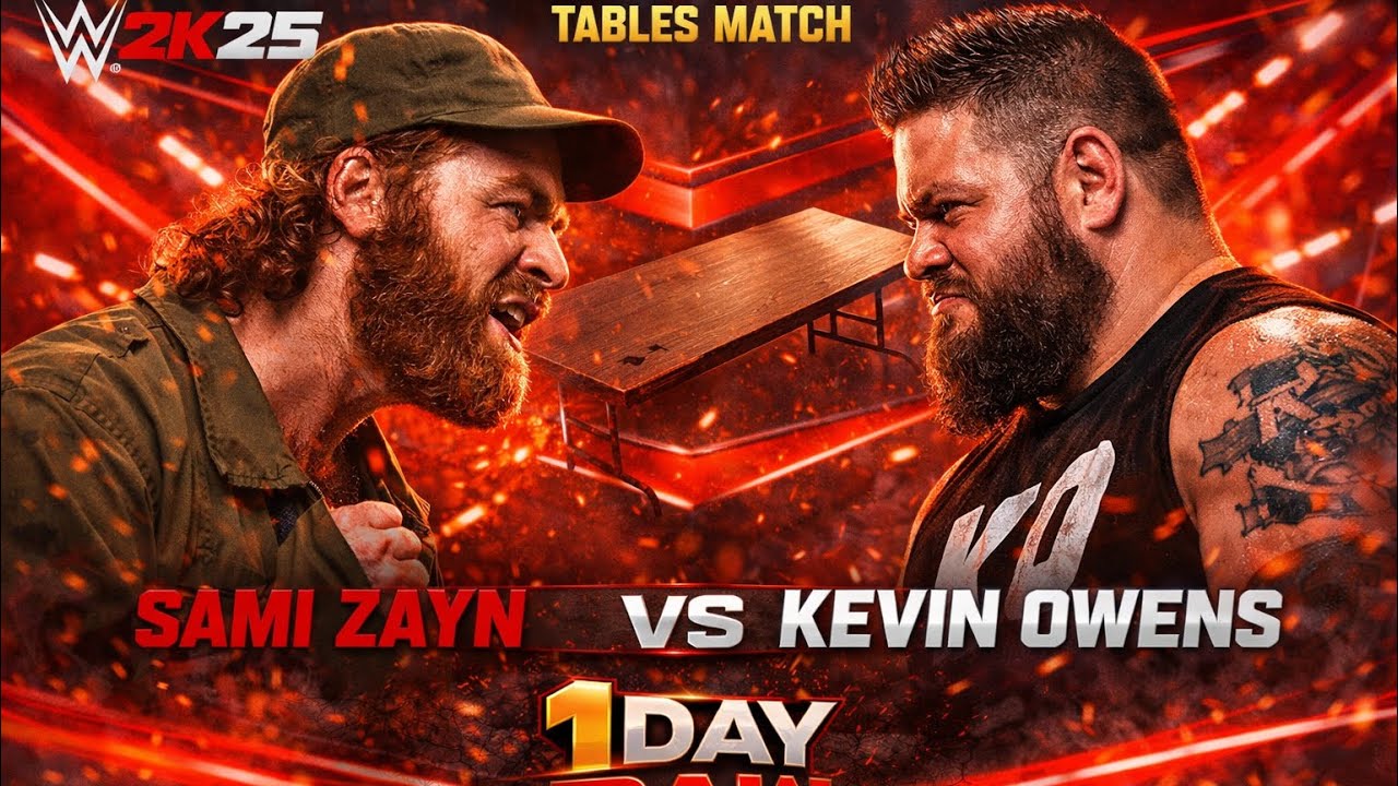 Wwe 2k25 sami zayn vs kevin owens tables match at one day raw