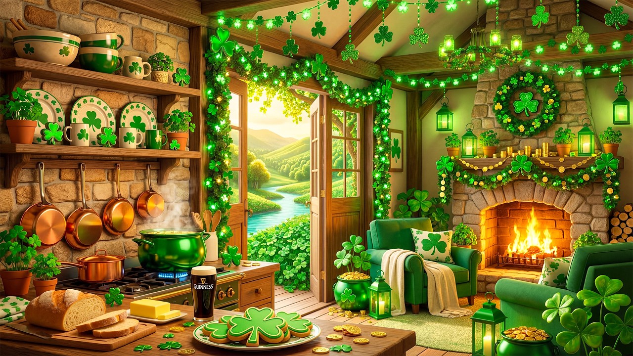 Cozy St. Patrick’s Kitchen Escape 🍀 Soft Irish Piano & Warm Hearth Ambience for Relaxation