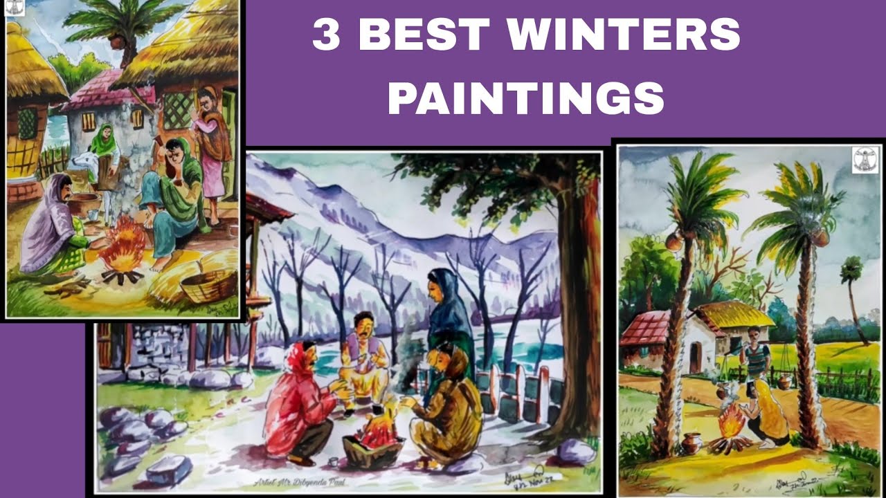 Winter Season Scenery Drawing/ Easy Three Winter Season  Painting with Watercolor, Tutorial.