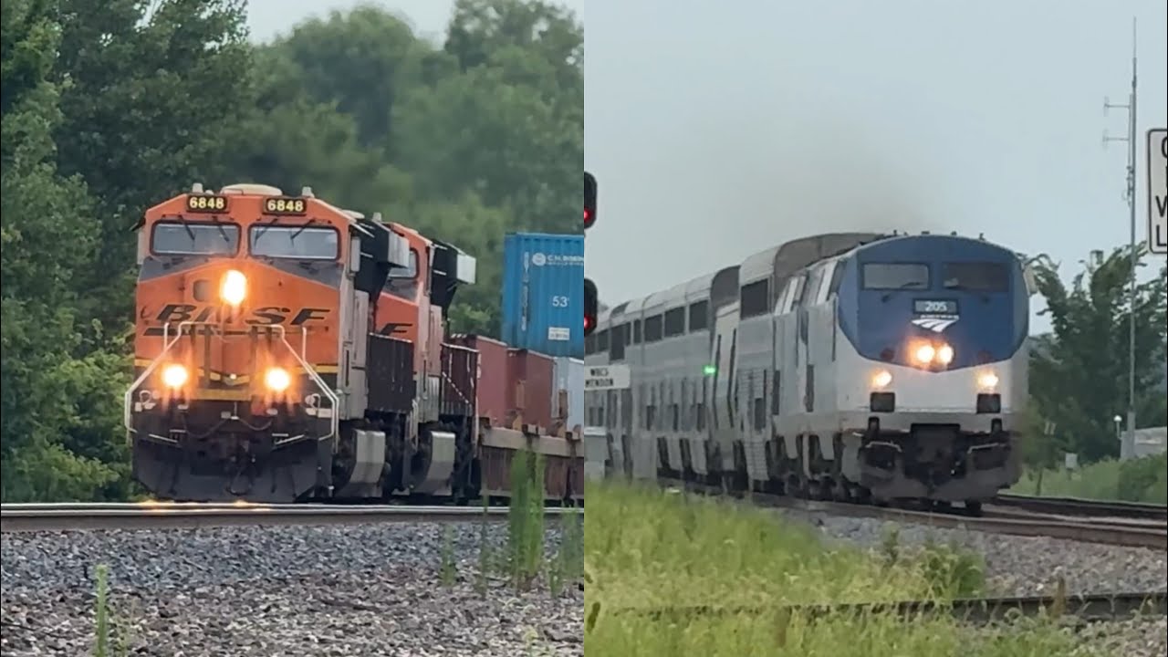 90 mph Amtrak Southwest Chief meets BNSF Stack train! BNSF Transcon: Marceline sub..7/19/25