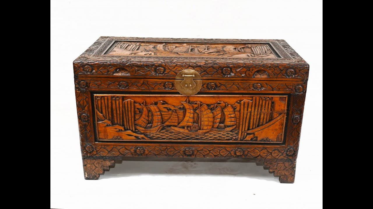Antique Chinese Chest Luggage Box Carved Camphor Wood