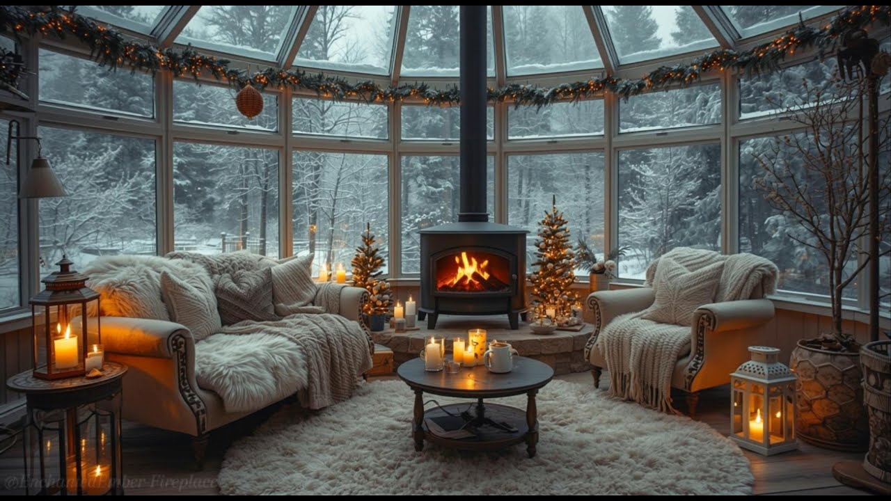 🔥 Crackling Fireplace Ambience & Snowstorm Outside | Cozy Winter Evening ❄️