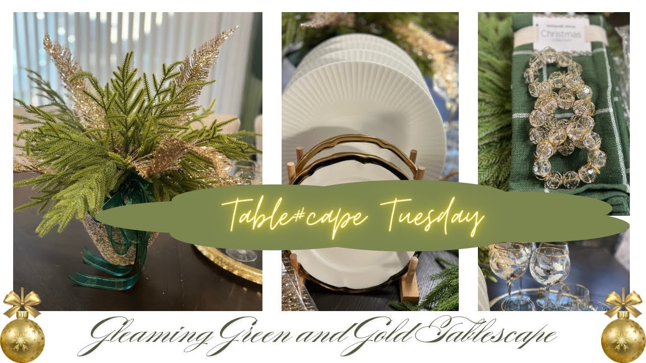 NEW! GLEAMING GREEN AND GOLD TABLESCAPE! #tablescapetuesday #christmas #gold #green #farmhouse
