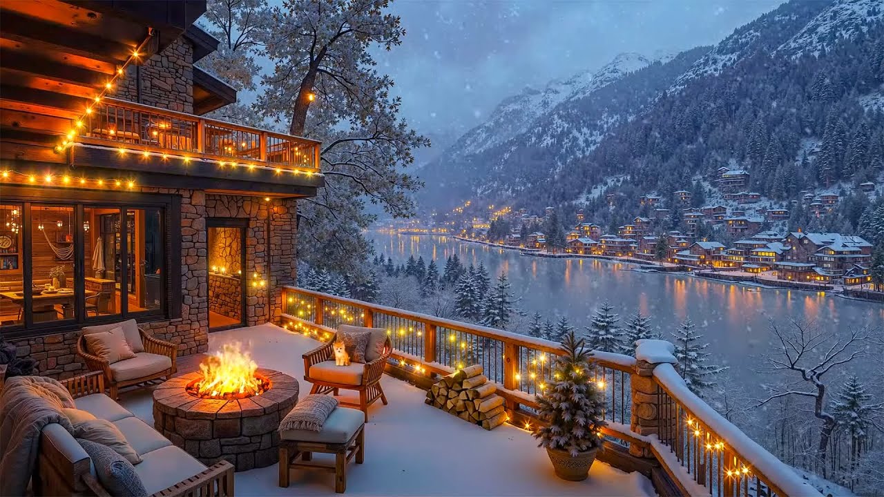 Tranquil Coffee Terrace: Smooth Jazz, Crackling Fireplace & Snowy Vibes for Relaxing Winter Evening☕