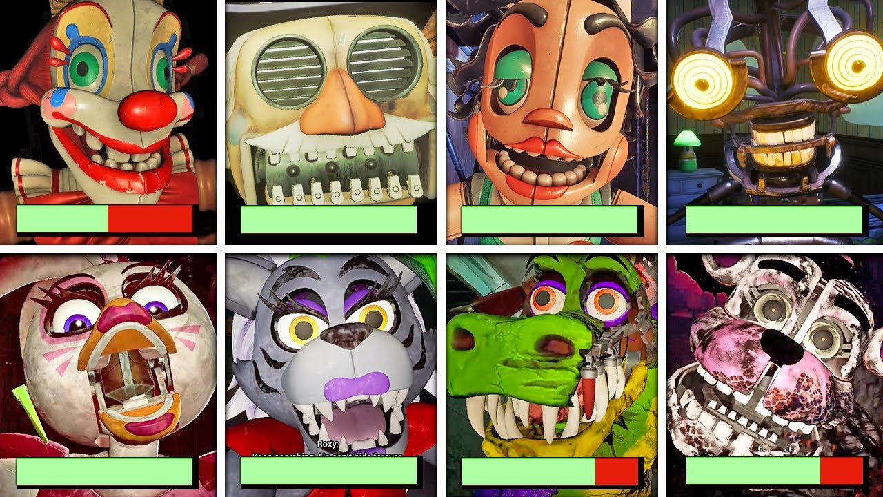 All JUMPSCARES Comparison With Healthbars - FNAF Secret of the Mimic & Security Breach