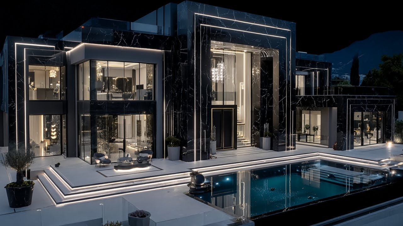 Luxurious Black Marble Multimillion Mega Mansion with Beautiful Aesthetics and Interior Designs.