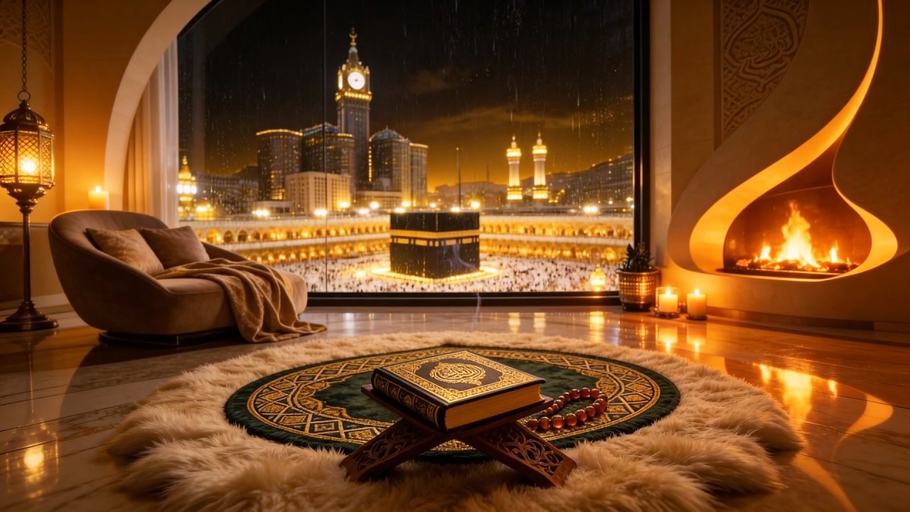 Kaaba Mecca Night View 🕌 Gentle Rain & Cozy Fireplace Islamic Ambience 4K TV Screensaver (No Music)
