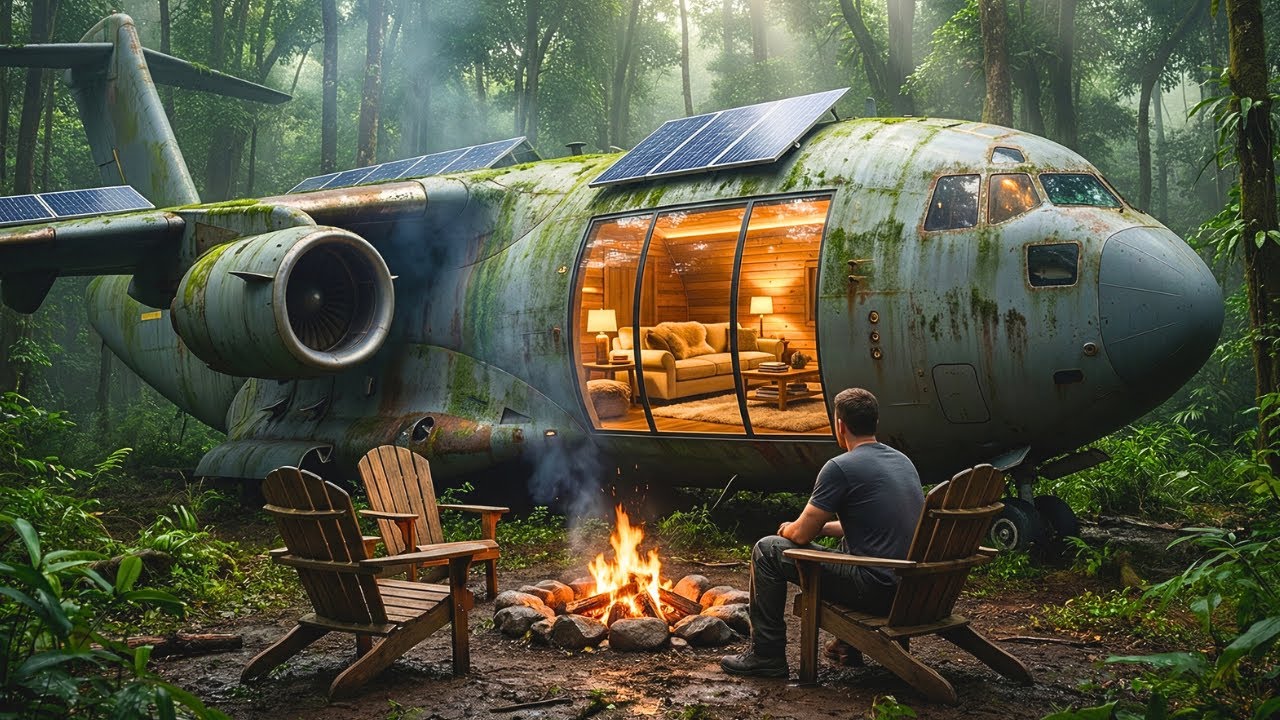 Building a Secret House in an Abandoned C‑17 Aircraft in the Forest ASMR Rain Survival Build
