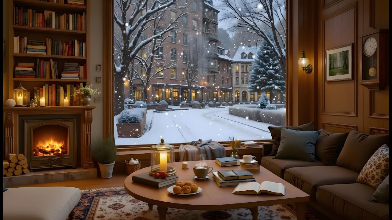 Winter Ambience Cozy Coffee Shop Quiet ❄️ Soft Jazz Piano & Fireplace Sounds for Study, Work