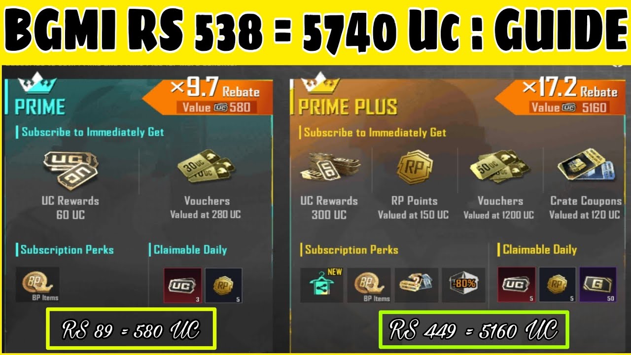 ✅Bgmi Prime Value 580uc || Bgmi Prime plus Value 5160uc | 9.7 Rebate Value 730uc | 17.2 Rebate Value