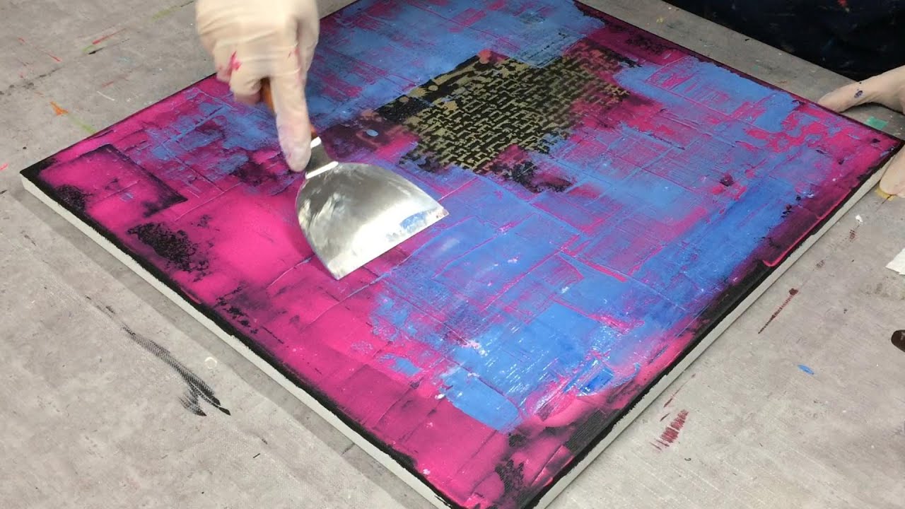 abstrakte Acrylmalerei mit Spachtelmasse | goldene Sprayfarbe
