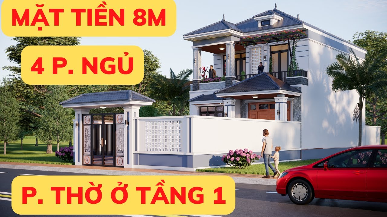 Mẫu 2501 - Nhà Phố Mái Nhật 2 Tầng Mặt Tiền 8m – 4 Phòng Ngủ, Phòng Thờ Tầng 1 Tiện Nghi