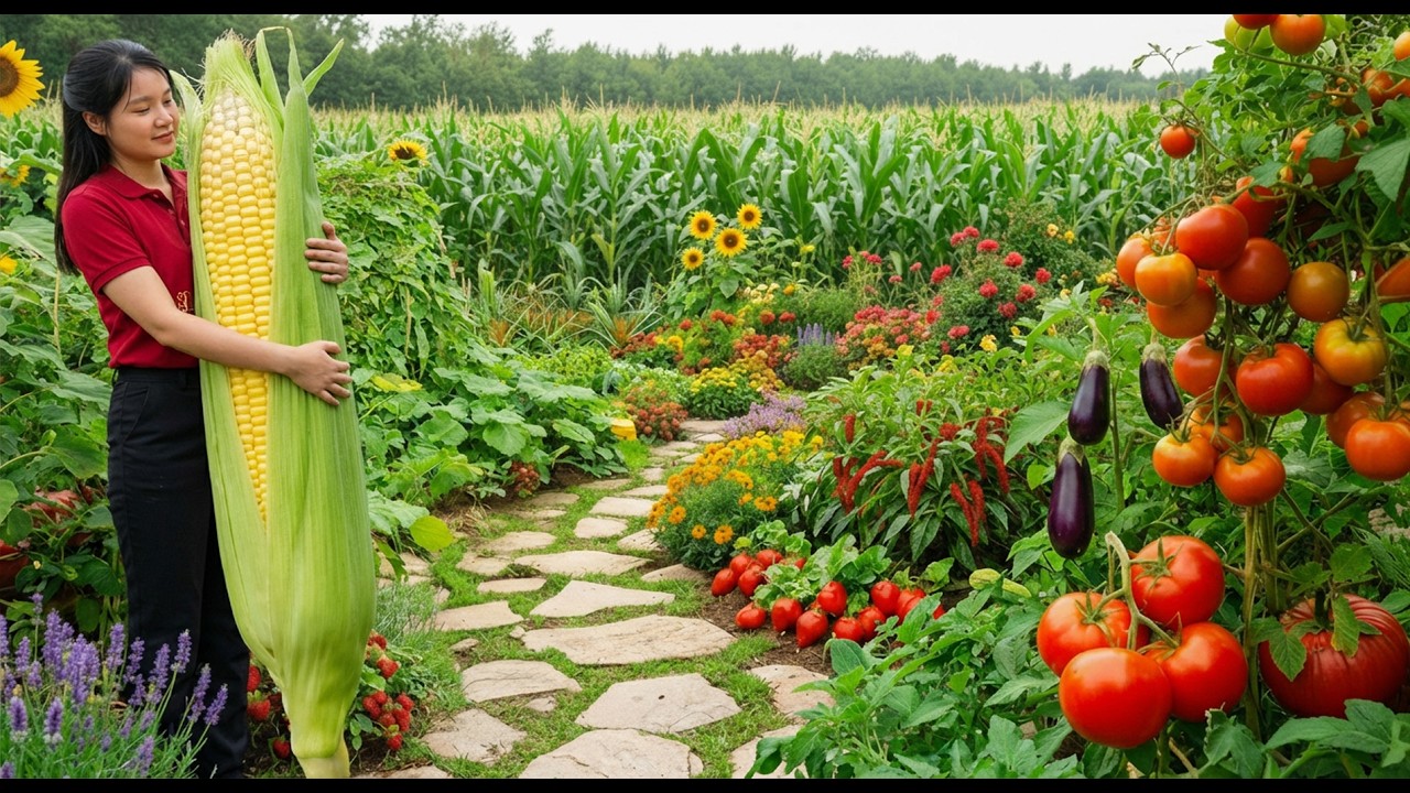 Harvesting Organic Corn & Melon in a Small Field  |  Peaceful Slow Living | Daily Farm Build