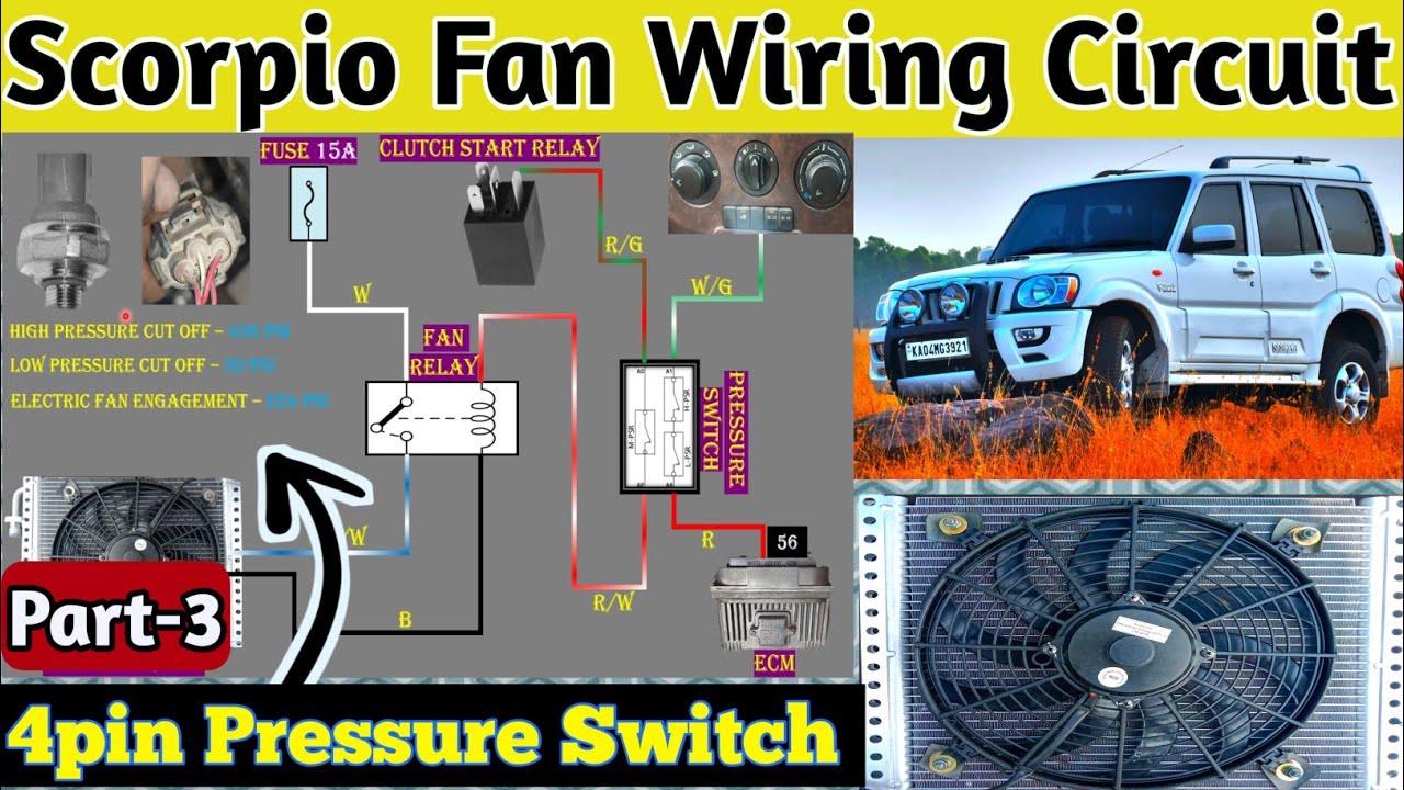 Scorpio A/c Condenser Fan Wiring Diagram // 4 Pin Pressure Switch Working ⚡⚡⚡