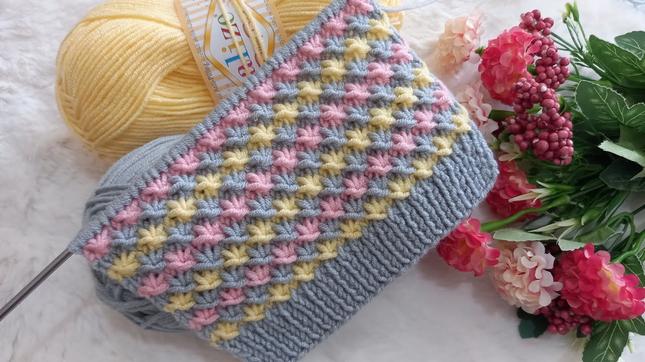 ✅️🍀3 Renk İple Çok Güzel Popüler Örgü Modeli ✅️🍀Çok Kolay İki Şiş Örgü Modeli ✅️🍀Knitting Pattern