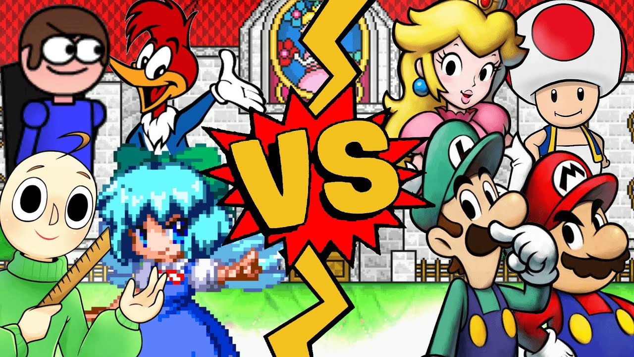 M.U.G.E.N. Battles | Woody Woodpecker/Cirno/Baldi/Dave vs Mario/Luigi/Peach/Toad