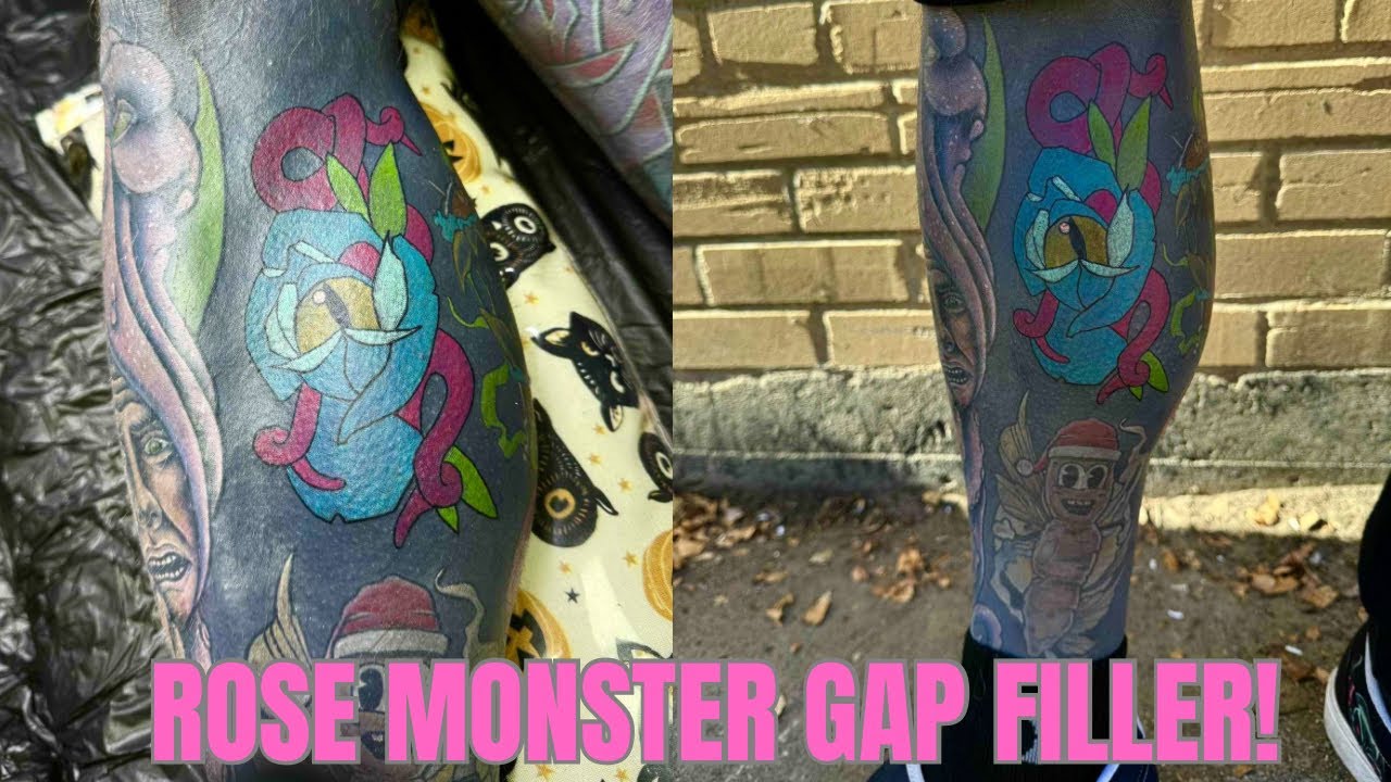 Заполнитель пробелов Rose Monster Color на черной татуировке, первый проход. #чернила #нанесено #...