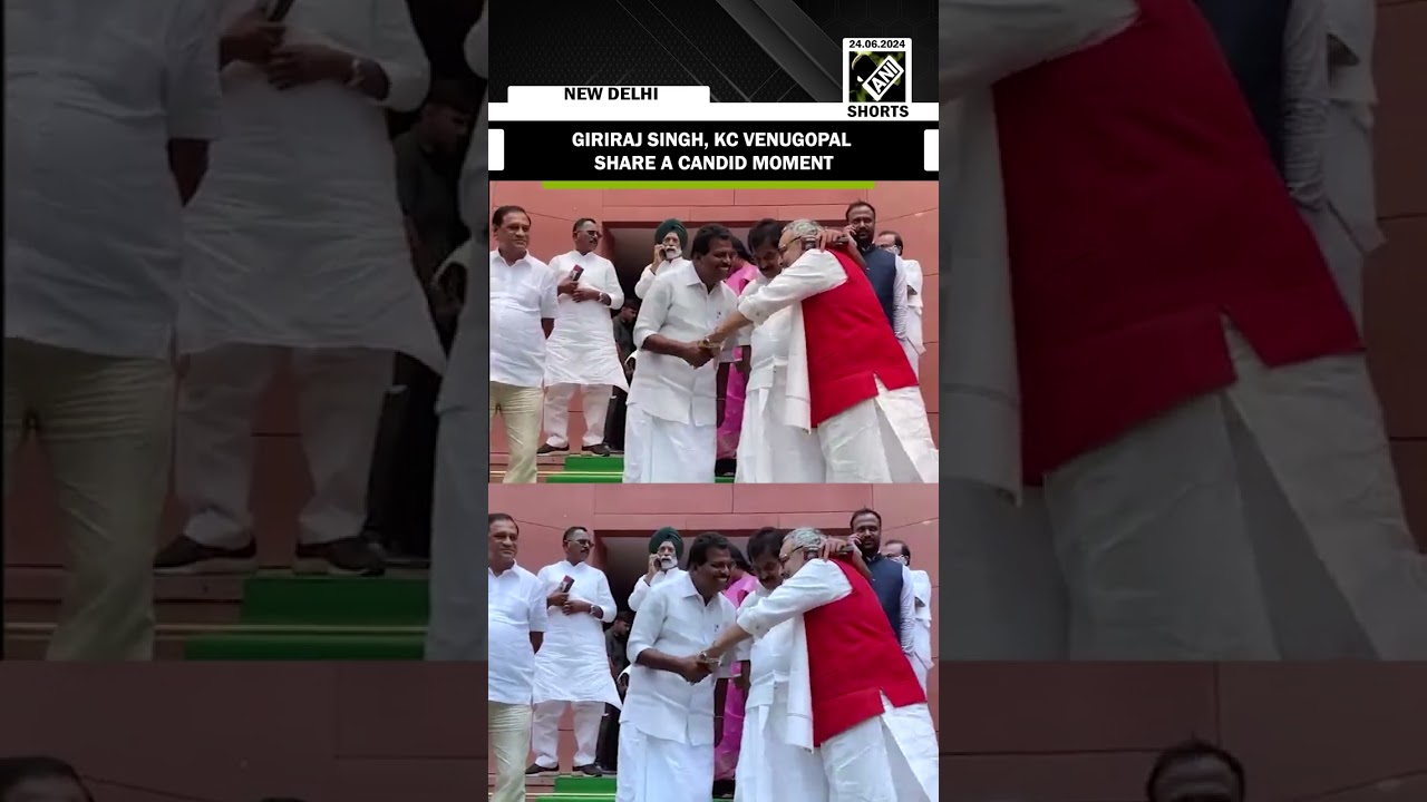 Congress&rsquo; KC Venugopal and Union Minister Giriraj share a hug at Parliament