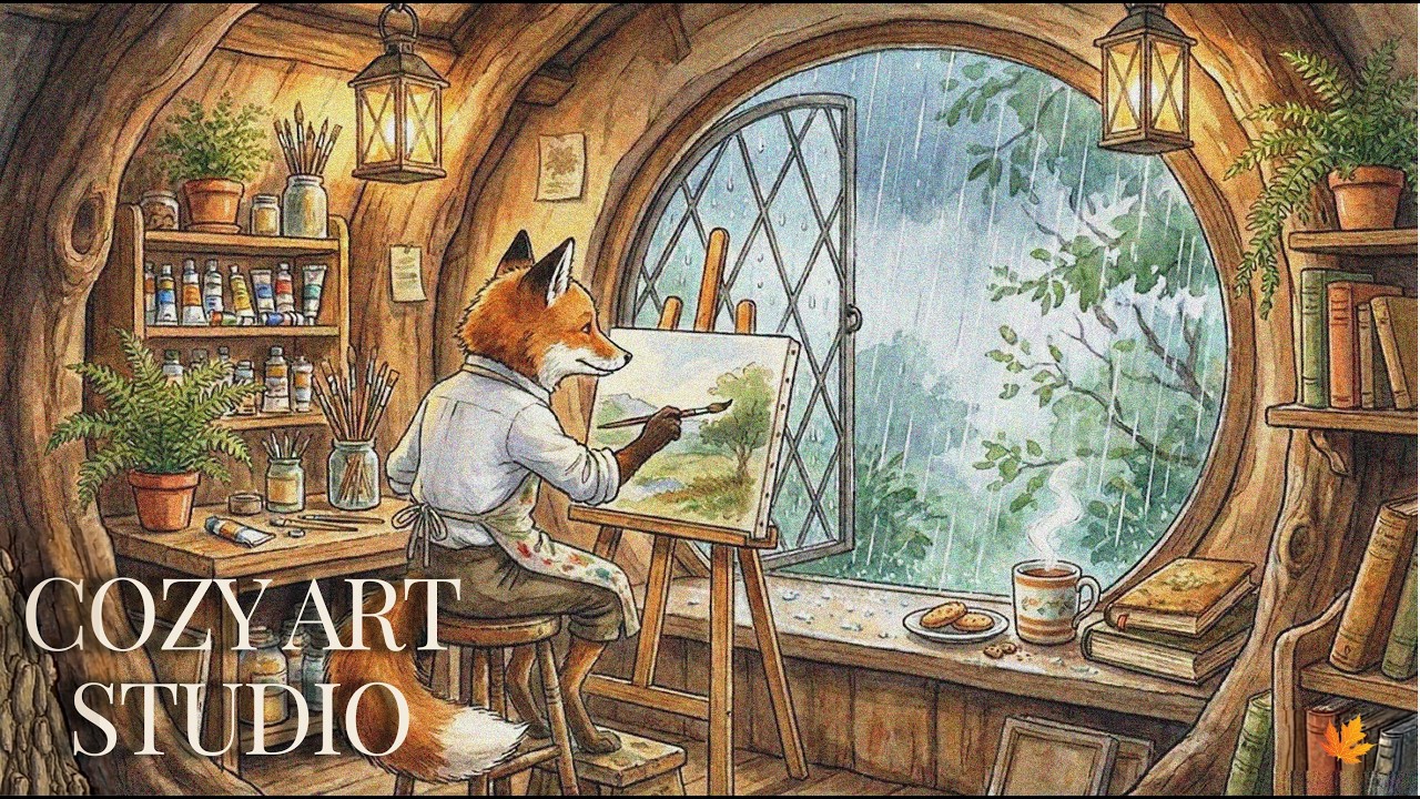 Cozy Art Studio 🎨 Spring Rain & Painting ASMR | Relaxing Music & Cozy Ambience
